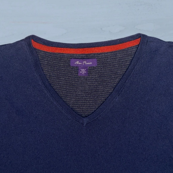 Allan Flusser V-Neck Sweater Men’s XL Navy Blue Gray Lined Cotton Blend Sweater - Picture 7 of 11